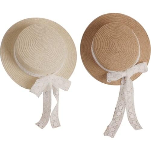 Toddler Kids Baby Summer Woven Straw Sun Hat with Lace Ribbon Bow Floppy Wide Brim Sunscreen Beach Cap with Chin Strap