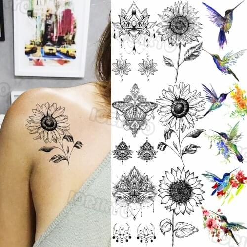 Minimalist Sun Flower Temporary Tattoos For Women Girls Realistic Henna Hummingbird Fake Tattoo Sticker Sexy Body Arm Tatoos