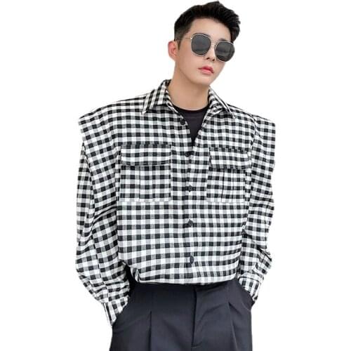 Mens 3D Wide Shoulder Pads Plaid Long Sleeve Shirt Jacket Man Women Korean Streetwear Fashion Loose Casual Shirts Tops Male