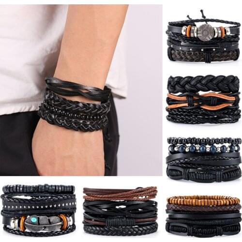 Eif Dock Black Wrap Leather Bracelet Bracelets For Men Vintage Handmade Weave Bracelet Men Jewelry Adjustable Bracelet Set
