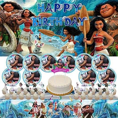 Moana Theme Cartoon Party Tableware Set Cup Straw Plate Napkins Candy Box Banner Flags Kids Birthday Party Decorations Supplies