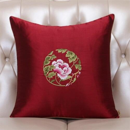 Peony Embroidery Cushion Cover New Chinese Style Wine Red Soft Throw Pillowcase Decoration for Living Room Sofa Pillow Cover