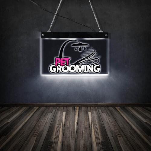 Pet Grooming LED Lamp Open Sign Groomer Scissor Comb Home Decor Hairdressing Animals Beauty Salon Acrylic Board Puppy Shop