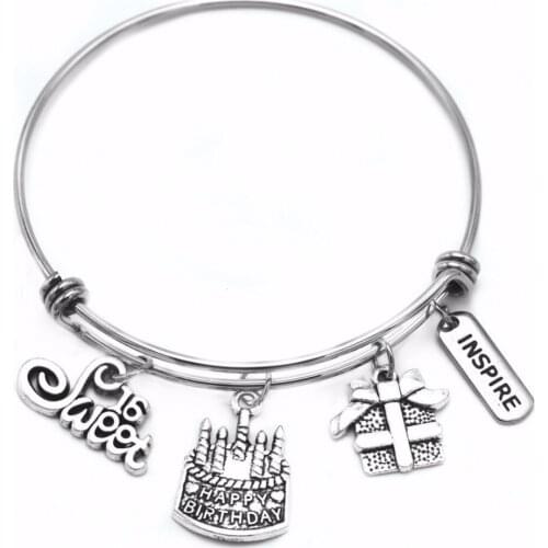 Birthday Gift Expandable Wire Stainless Steel bangle 16th 30th 40th 50th Birthday Cake Red Wine Charms Bracelets DIY Jewelry