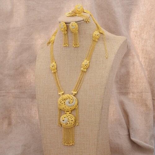Luxury women Dubai 24k gold color Jewelry sets India Ethiopia African Bride wedding gifts Necklace earrings Bangles Bride sets