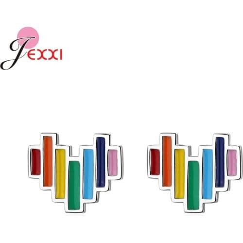 Newest Genuine 925 Sterling Silver Stud Earrings Rainbow Color Heart Shape Stud Earrings For Women Girls Wedding Engagement
