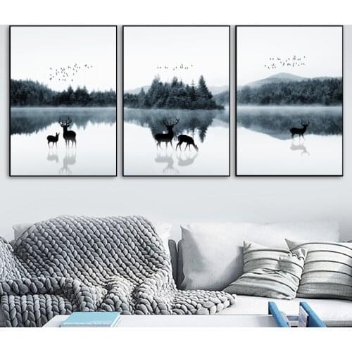 Modern Landscape Poster Forest Lake Deer Wall Art Canvas Painting Nordic Landscape Print Wall Pictures Living room Decoration