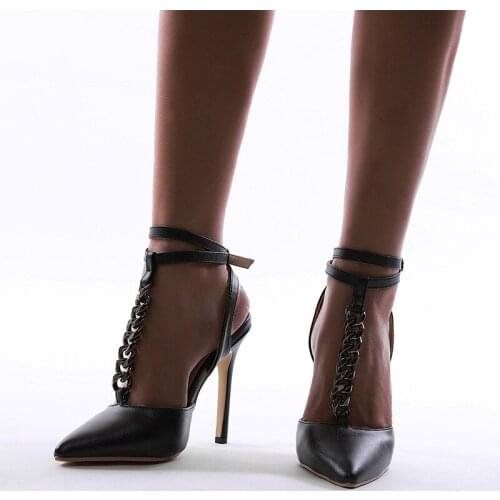 Comfortable Women Sandals Sexy Thin High Heels Sandals Chain T-strap Pointed Rome Black Shoes Women Party Wedding Shoes