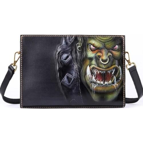 Women Men Vegetable Tanned Leather Shoulder Bag Money Holder Cowhide Hand-carved Warcraft Wolf Clutch Purse Clutches Envelope