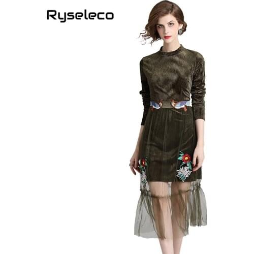 Women Autumn Velvet Dresses Female Casual Formal Party Wear Long Sleeve Mesh Gauze Birds Embroidery Patches Midi Elegant Dress