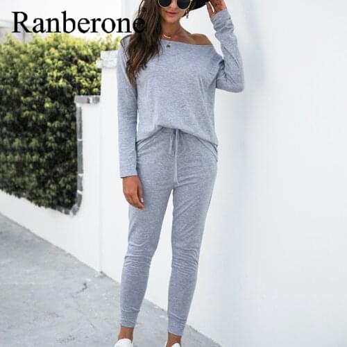 Ranberone Women Tracksuit Long Sleeve Crop Top + Sweatpant Two Piece Outfits Solid Matching Suit Women Sport Fitness Sportswear