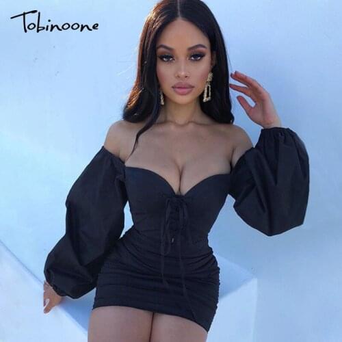 Tobinoone Sexy Lace up ruffle backless white vestidos dress Women off shoulder elegant dress Autumn fashion party short dress