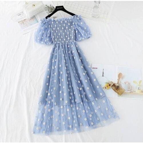 Dress Women 2021 summer Plus Size Dress Elegant A-Line Vestidos Solid Puff Sleeve Empire One word collar Ladies Lace Dress Mesh