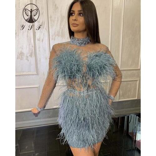 2020 New Arrival High Collar Bling Bling Beaded Pearls Feather Long Sleeve Mini Length Cocktail Dresses