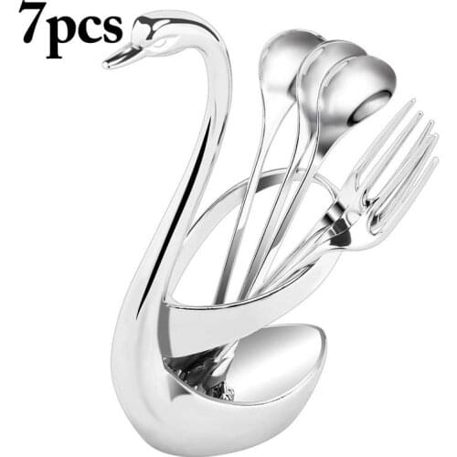 7CPS Swan Base Holder Fruit Forks Set Stainless Steel Salad Dessert Forks Spoon Coffee Cake Tools Tableware 3 Forks and 3 Ladles