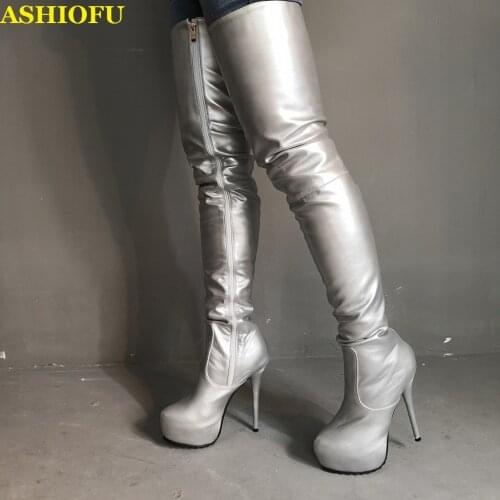 ASHIOFU Real-photos Womens High Heel Platform Boots Sexy Stripper Club Thigh High Boots Slim Party Prom Evening Fashion Boots