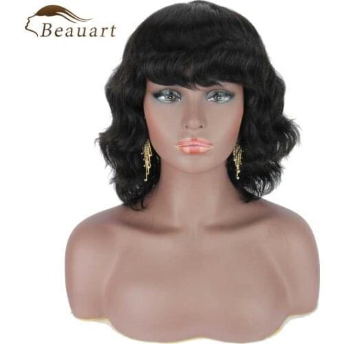 Beauart Deep Wave 100% Remy Human Hair Full Wig With Hair Bangs Black Body Wave Wigs For Women 13"Black Loose Curly Machine Wigs