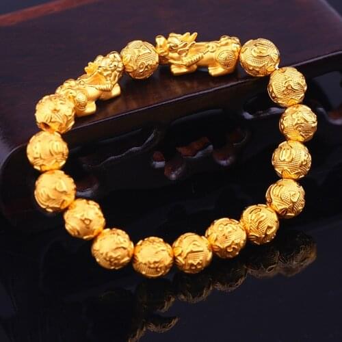 Feng Shui Pixiu Guardian Vietnam Sand Gold Bracelet Carved Beads Bring Lucky Golden Fortune Beads Feng Shui Wristband Unisex
