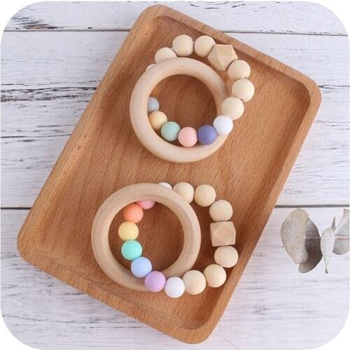 Baby Nursing Bracelets Rainbow Silicone Teether Wood Teething Rattles Nursing Toys Gift