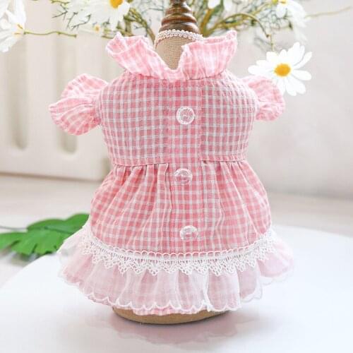 Pet clothes for small dog cat Spring and summer thin breathable lace skirt with crystal clasp plaid skirt Teddy Dog Cat Clothing