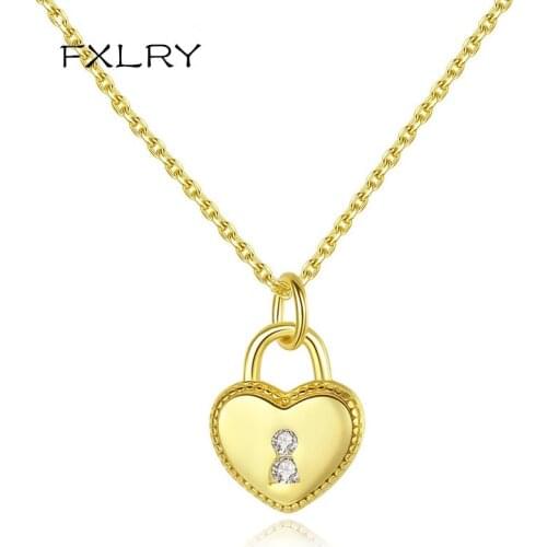 FXLRY Simple Gold Color Romantic Heart Lock CZ Stone Pendant Necklace for Women Dating Accessories