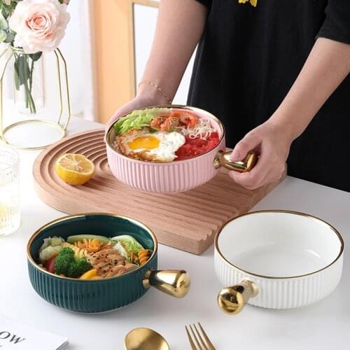 Ceramic Baking Bowl Single Handle Nordic Phnom Penh Fruit Bowl Salad Bowl Household Tableware Breakfast Bowl Instant Noodle Bowl