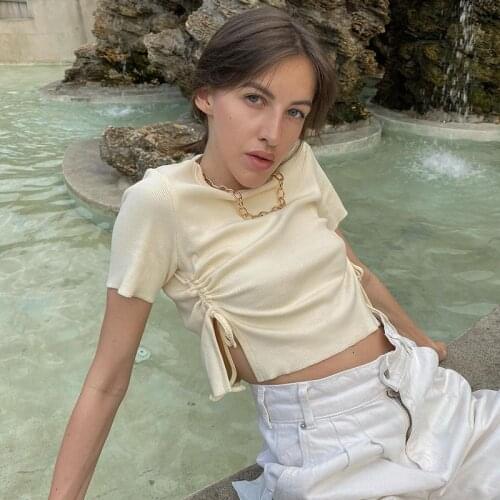 Womens Crop Top Solid Color T-Shirts Side Shirring Lace-up Short Sleeve Slim Crop Top Harajuku Workout Clothes