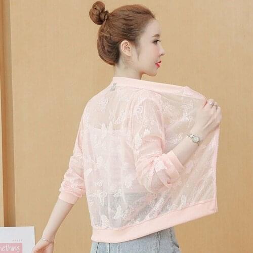 Summer White Pink Thin Baseball Jacket Women Casual Long-sleeve Tops Hollow Breathable Sunscreen Cardigan Loose Coat X260