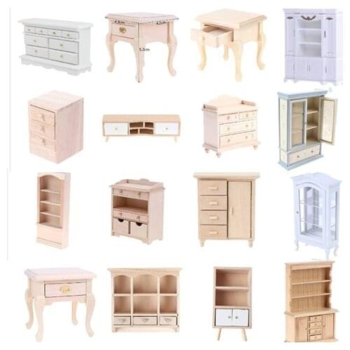 Hot Sale 27Styles 1/12 Wooden Bedroom Dollhouse Mini Cabinet Model Kitchen Dining Cabinet Display Shelf Doll House Furniture