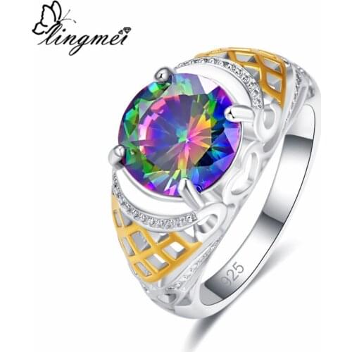 Lingmei Rings for Women Gorgeous Solitaire Style Round Cut Multi & Red Zircon Silver Color Ring Size 6 7 8 9 Wedding Gifts