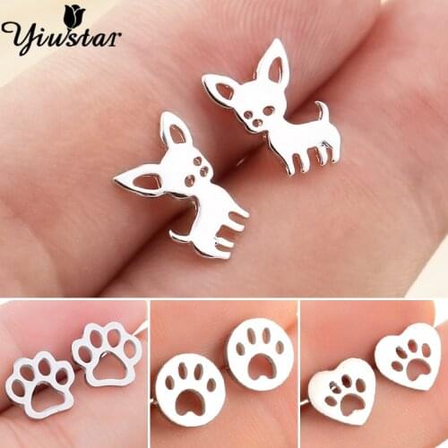 Yiustar Cute Chihuahua Earrings Animal Pet Dog Paw Print Studs Earring for Women Gift Girls Stainless Steel Jewelry Wholesale
