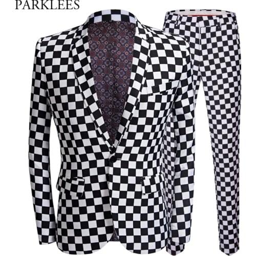 Jackets+Pants)Mens Black White Plaid Suit Casual Slim Fit One Button Male Wedding Dress Suits Singer Stage Costumes Check Terno