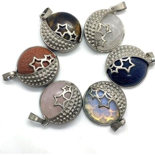 Natural Stone Tiger Eye Stone Pink Crystal Lapis Lazuli Moon-shaped Carving Pendant DIY Charm Jewelry Making Necklace Pendant