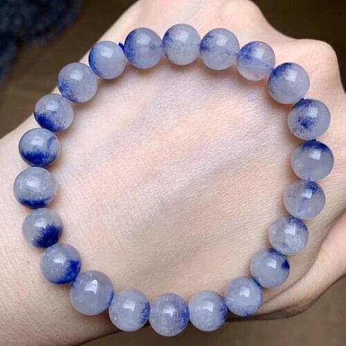 Natural Blue Dumortierite Quartz Rutilated Crystal Bracelet 8mm Women Men Dumortierite Clear Round Beads Rare Reiki Stone AAAAA