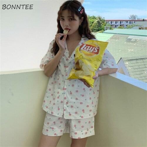 Pajama Sets Women Fresh Ulzzang New Sweet Print Summer Femme Nightwear 2 Piece Set Chic Soft Short Sleeve Pocket Girls Homewear