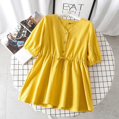 Plus Size Women V-Neck Pile Up Sleeves Blouses Lady Casual Loose Sashes Yellow White Style Fashion Blusas Tops DM0056