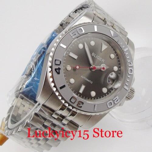 Luxury BLIGER Mechanical Men Watch NH35 MIYOTA 8215 Movement Grey Dial Ceramic Bezel Insert Jubilee Bracelet
