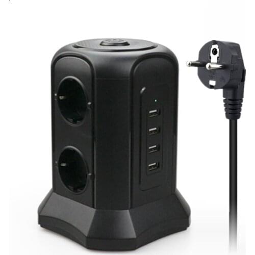 TESSAN Power Strip Tower with 4 USB Charging Ports 6 Outlet Extender Desktop USB Socket with 2 Extension Cable Home EU Adapter