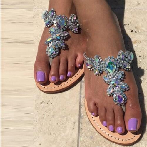 2018 Woman Slippers Rhinestones Multicolour Crystal Crystal Gladiator Outside Flat with Flip Flops Sandals beach slides EUR 43