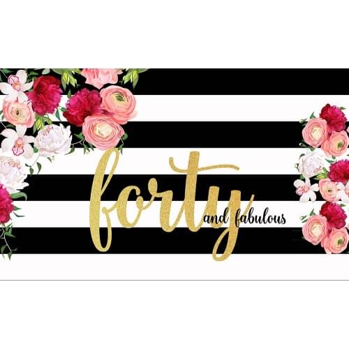 HUAYI 40,50,60,70 Years Old Fabulous backdrop for women birthday party decoration Wrinkle-free Black and Gold Floral Background