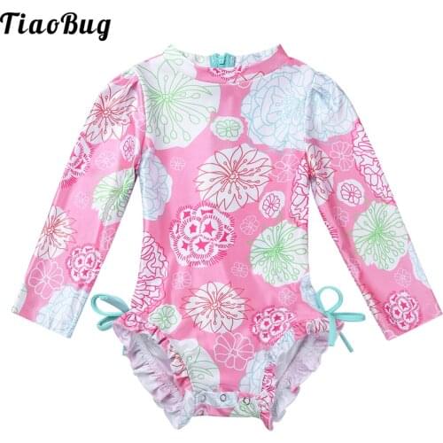 TiaoBug Pink Infant Baby Girls One-Piece Long Sleeves Floral Printed Back Zipper Swimsuit Swimwear Bathing Suit Rash Guard