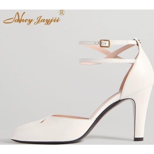 Ankle Strap Beige Single Shoes Round Toe Mid Heels Mary Jane Ladies Shoe Casual Office Lady Size 14 15 16 Summer Spring 2020