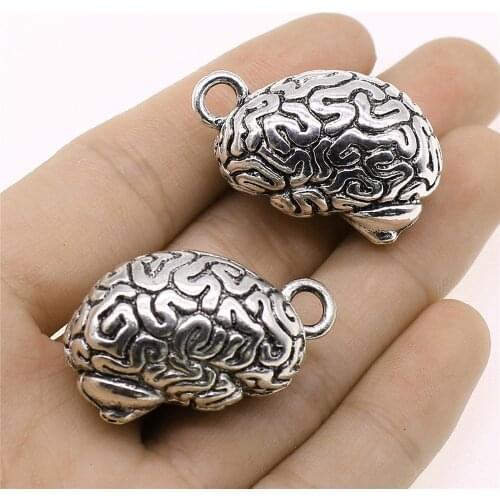 WYSIWYG 1pcs 21x37mm Charms Human Brain DIY Jewelry Findings Antique Silver Color For Necklace Making