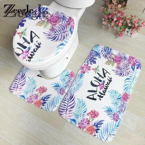 Zeegle Bathroom Carpets Set Flannel Pedestal Rug Lid Toilet Cover Bathroom Bath Mat Anti-slip Flower Printed Floor Rugs