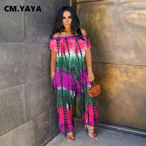 CM.YAYA Tie Dye Gradient Print Off Shoulder Straight Womens Jumpsuit Active Loose Romper Hip Hop Sexy One Piece Overall Outfits