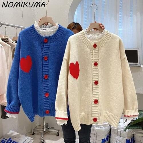 Nomikuma Women Sweater Cardigan Korean Love Heart Knit Coat 2021 Autumn Winter New Causal Knitted Jacket Pull Femme 6K869
