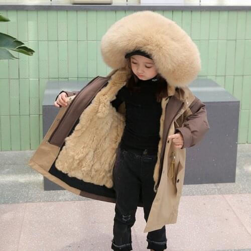 2020 Winter Kids Boys And Girls Real Rabbit Fur Liner With Natural Fox Fur Collar Parkas New Children Warm Coat Outerwear W902