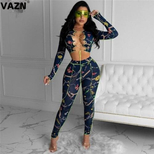 VAZN 2020 NIght Party Sexy Women Print Long Sleeve Bandage Set Casual Beach Clothing Ladies Women Sets