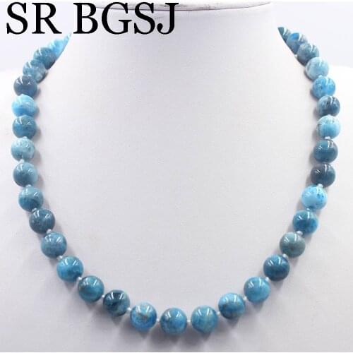 Free Ship 10mm Blue Apatite Round Gems Beads Knot Natural Stone Chocker Women Jewelry Necklace Strand 17.5inch