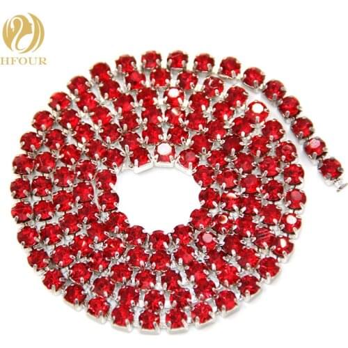 Free shipping 5yard/pack High quality Sliver base Red glass crystal Rhinestones Cup Chain DIY clothing/Wedding dress Accessories